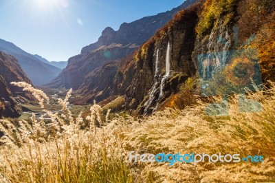 Mountains View With Waterfalls And Cliffs Stock Photo