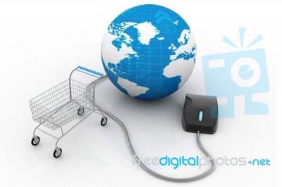 Mouse, Globe And Shopping Cart Symbol. Global Purchase Stock Image