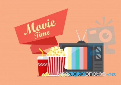 Movie Time Popcorn Snack And Drink With Retro Television Stock Image