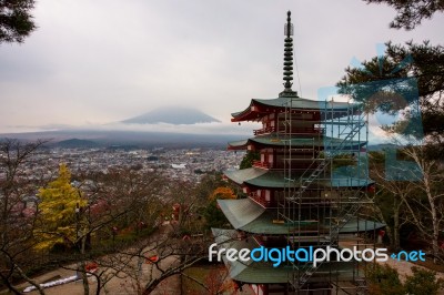 Mt. Fuji And Chureito Pagoda At Autumn Stock Photo