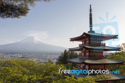 Mt. Fuji Viewed From Behind Chureito Pagoda Stock Photo