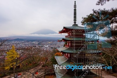 Mt. Fuji With Chureito Pagoda In Autumn Stock Photo