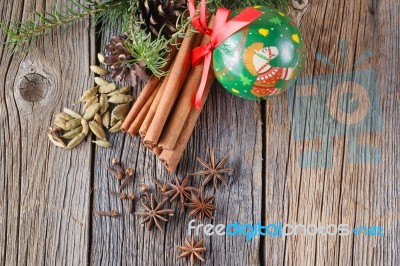 Mulled Wine Recipe, Spices On Wooden Background Stock Photo