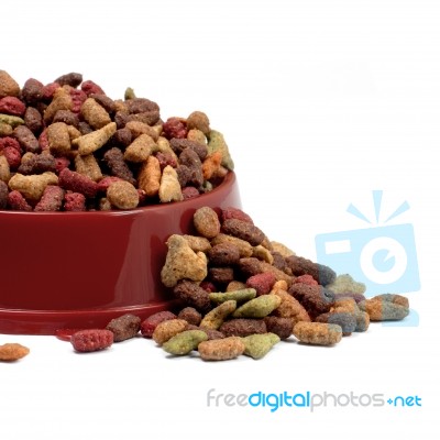 Multicolored Dry Cat Or Dog Food In Red Bowl Isolated On White B… Stock Photo