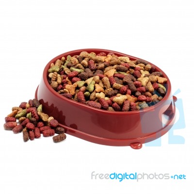 Multicolored Dry Cat Or Dog Food In Red Bowl Isolated On White B… Stock Photo