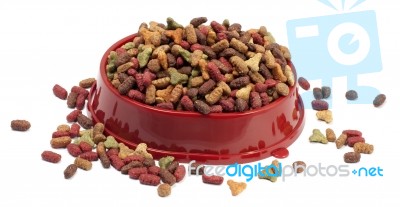 Multicolored Dry Cat Or Dog Food In Red Bowl Isolated On White B… Stock Photo