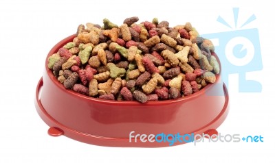 Multicolored Dry Cat Or Dog Food In Red Bowl Isolated On White B… Stock Photo