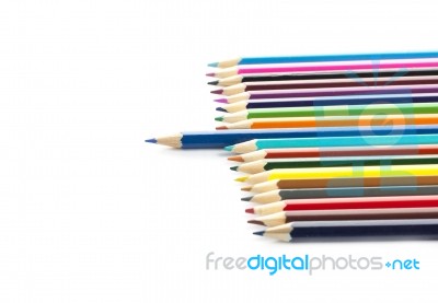 Multicolored Pencils On White Background To Create A Collage Stock Photo