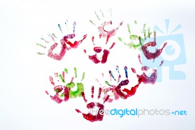 Multicoloured Painted Hand Prints Isolated On White Stock Photo