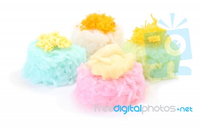 Multiple Color Of Sticky Rice With Custard On White Floor Stock Photo