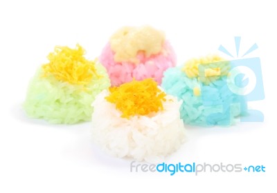 Multiple Color Of Sticky Rice With Egg Custard On White Floor Stock Photo