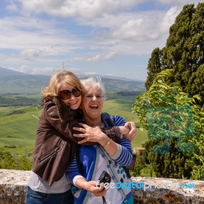 Mum And Daughter On Holiday In Pienza Italy Stock Photo