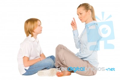 Mum And Son Sat On The Floor Smiling Isolated On White Backgroun… Stock Photo