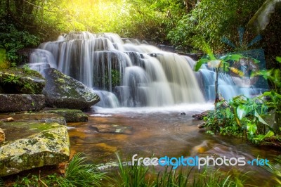 Mun Dang Waterfall In Deep Forest Fresh Green Rain Season In Tha… Stock Photo