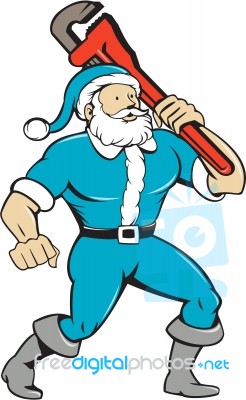 Muscular Santa Claus Plumber Wrench Isolated Cartoon Stock Image