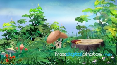 Mushrooms Around The Stump In A Forest Glade Stock Image