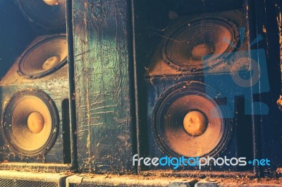 Music Sound Speakers Hanging On The Wall In Monochrome Vintage S… Stock Photo