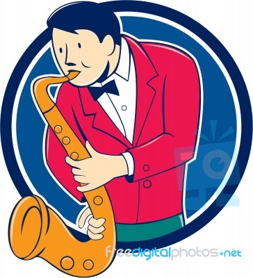 Musician Playing Saxophone Circle Cartoon Stock Image