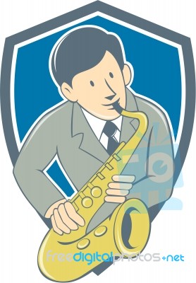 Musician Playing Saxophone Shield Cartoon Stock Image