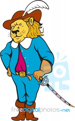 Musketeer Lion Hat Sword Cartoon Stock Image