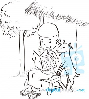 Muslim Boy Reading With A Goat - Sketch Drawing Illustration Stock Image