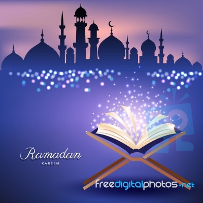 Muslim Quran With Mosque And Abstract Candles Light For Ramadan Stock Image