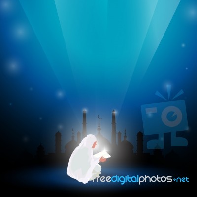 Muslim Woman Reading Quran Abstract Blue Background Stock Image