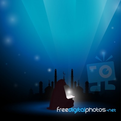 Muslim Woman Reading Quran Abstract Blue Background Stock Image