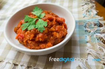 Nam Prik Ong, Thai Northern Style Minced Pork And Tomato Relish Paste Dip. Very Famous Spicy Yummy Hot Chilli Pepper Paste Sauce Stock Photo