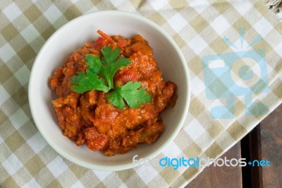 Nam Prik Ong, Thai Northern Style Minced Pork And Tomato Relish Paste Dip. Very Famous Spicy Yummy Hot Chilli Pepper Paste Sauce Stock Photo