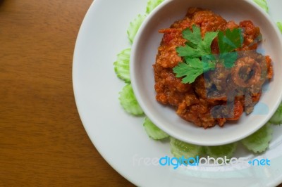 Nam Prik Ong, Thai Northern Style Minced Pork And Tomato Relish Paste Dip. Very Famous Spicy Yummy Hot Chilli Pepper Paste Sauce Stock Photo