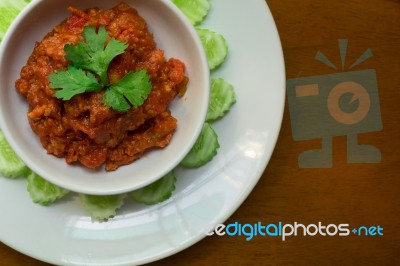 Nam Prik Ong, Thai Northern Style Minced Pork And Tomato Relish Paste Dip. Very Famous Spicy Yummy Hot Chilli Pepper Paste Sauce Stock Photo