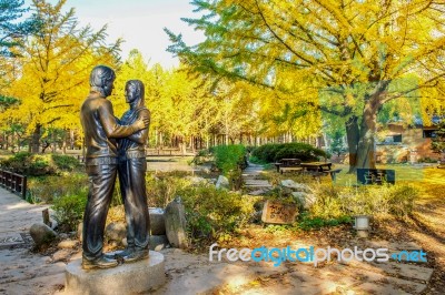 Nami Island,korea - Oct 25: The Statue And Tourists Taking Photos Of The Beautiful Scenery Around Nami Island On October 25,2015 In Seoul,south Korea Stock Photo