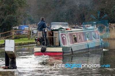 Narrow Boat On The River Wey Navigations Canal Stock Photo