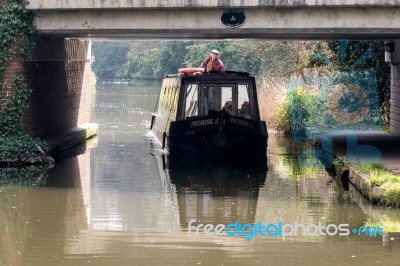 Narrow Boat On The River Wey Navigations Canal Stock Photo