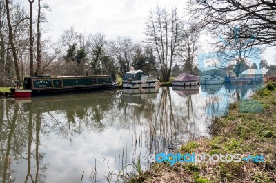 Narrow Boats On The River Wey Navigations Canal Stock Photo