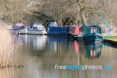 Narrow Boats On The River Wey Navigations Canal Stock Photo