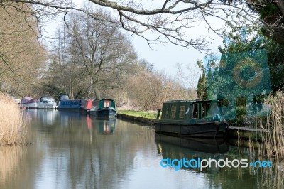 Narrow Boats On The River Wey Navigations Canal Stock Photo