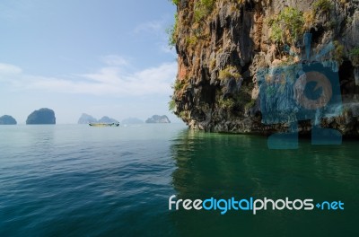 National Park In Phang Nga Bay With Tourist Boat, Thailand Stock Photo