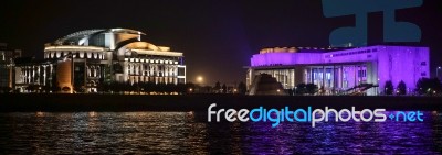 National Theatre And Ludwig Museum Illuminated At Night In Budap… Stock Photo