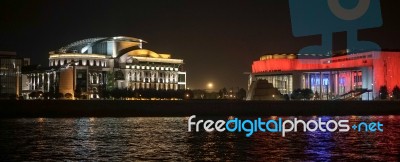 National Theatre And Ludwig Museum Illuminated At Night In Budap… Stock Photo