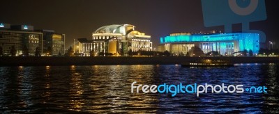 National Theatre And Ludwig Museum Illuminated At Night In Budap… Stock Photo