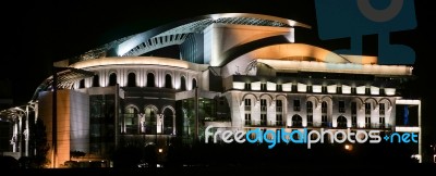 National Theatre Illuminated At Night In Budapest Stock Photo