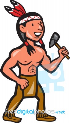 Native American Holding Tomahawk Cartoon Stock Image