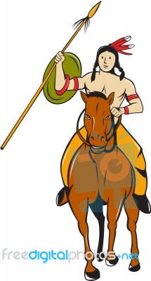 Native American Indian Brave Riding Pony Cartoon Stock Image