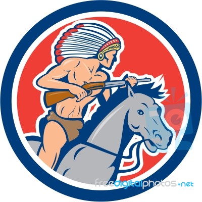 Native American Indian Chief Riding Horse Cartoon Stock Image