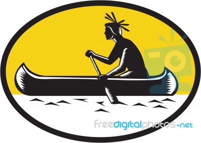 Native American Indian Paddling Canoe Woodcut Stock Image