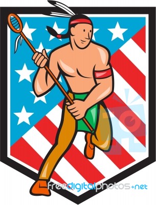 Native American Lacrosse Player Stars Stripes Shield Stock Image