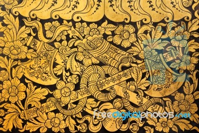 Native Thai Painting (flower And Vine Bind Twin Axe) On Wall Of Stock Photo