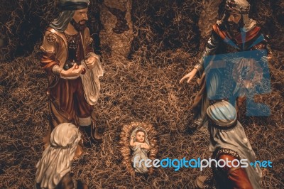 Nativity Scene Christmas Crib Background Stock Photo